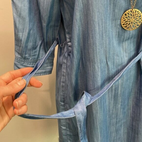 DO+BE Chambray Off Shoulder Belted Dress  Blue Denim Look Boho Cottagecore - Picture 7 of 13